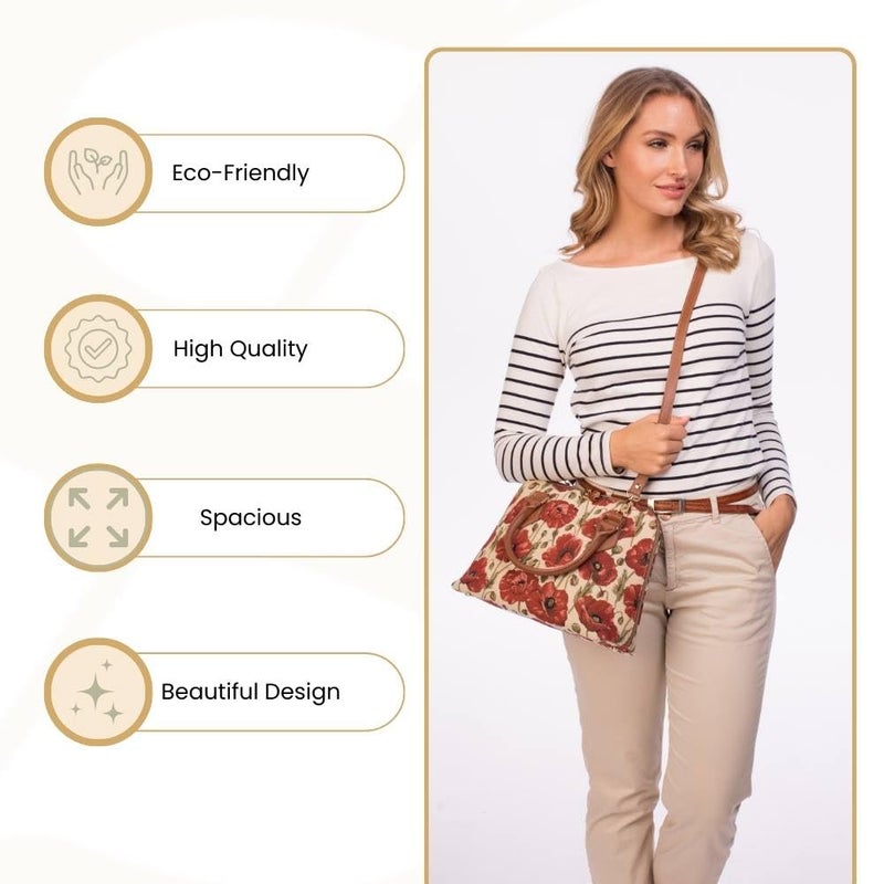 Signare Tapestry Hand Shoulder Bag Cross Body Purses Handbag Satchel Bag for Women In Poppy Floral Design|CONV-POP - Image 5